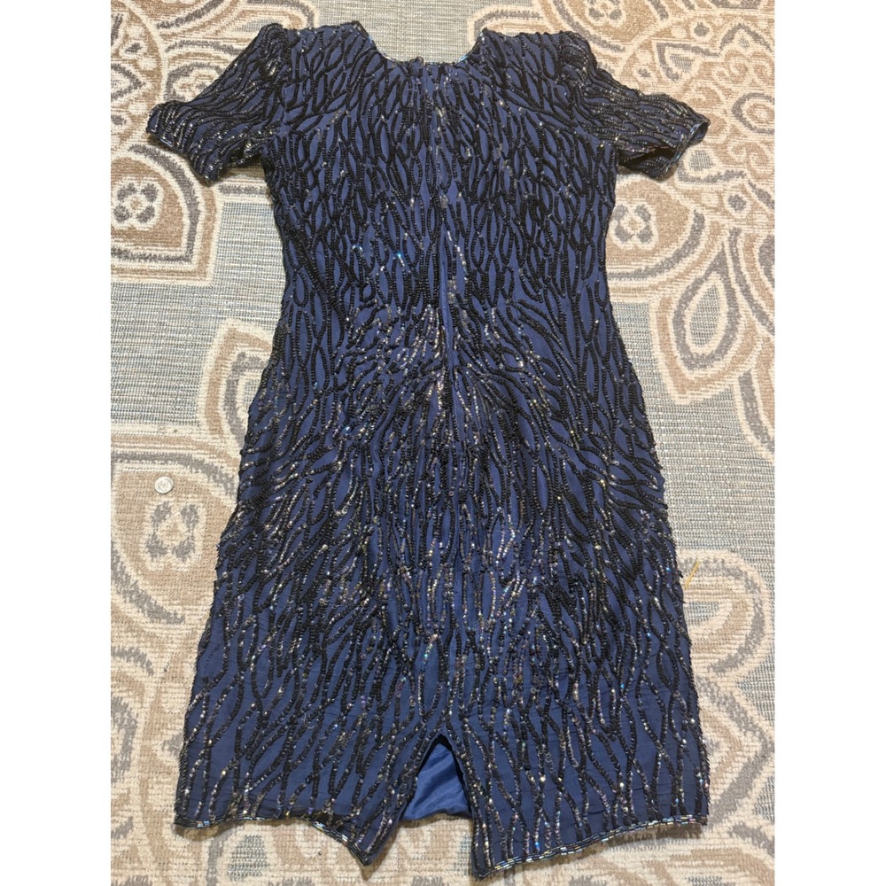 Vintage Stenay Silk Beaded Sequin Cocktail Dress Navy Blue Short Sleeve Size 8 - Picture 7 of 7